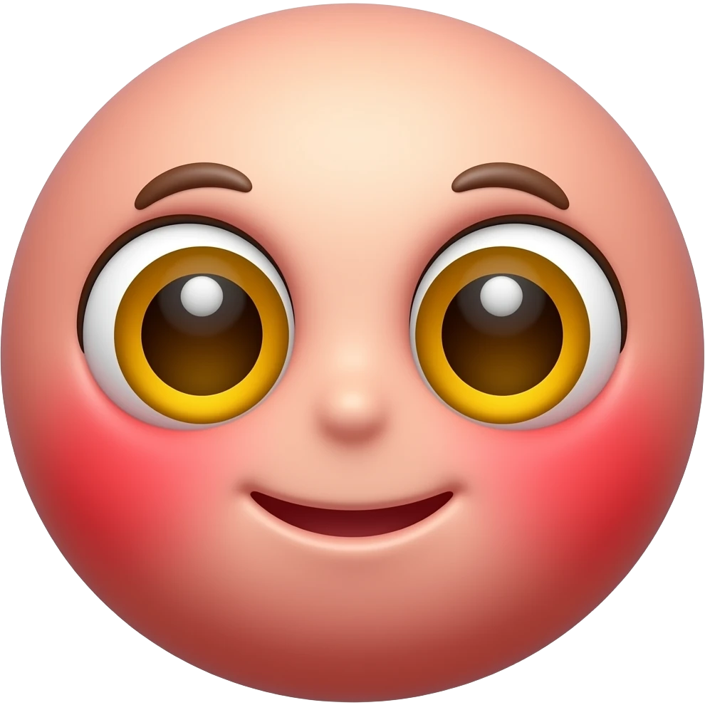 빨간 얼굴의 홍조를 하고 있는 노란 눈알   갈색 동공의 귀여운 만화 입체적 이모티콘 emoji