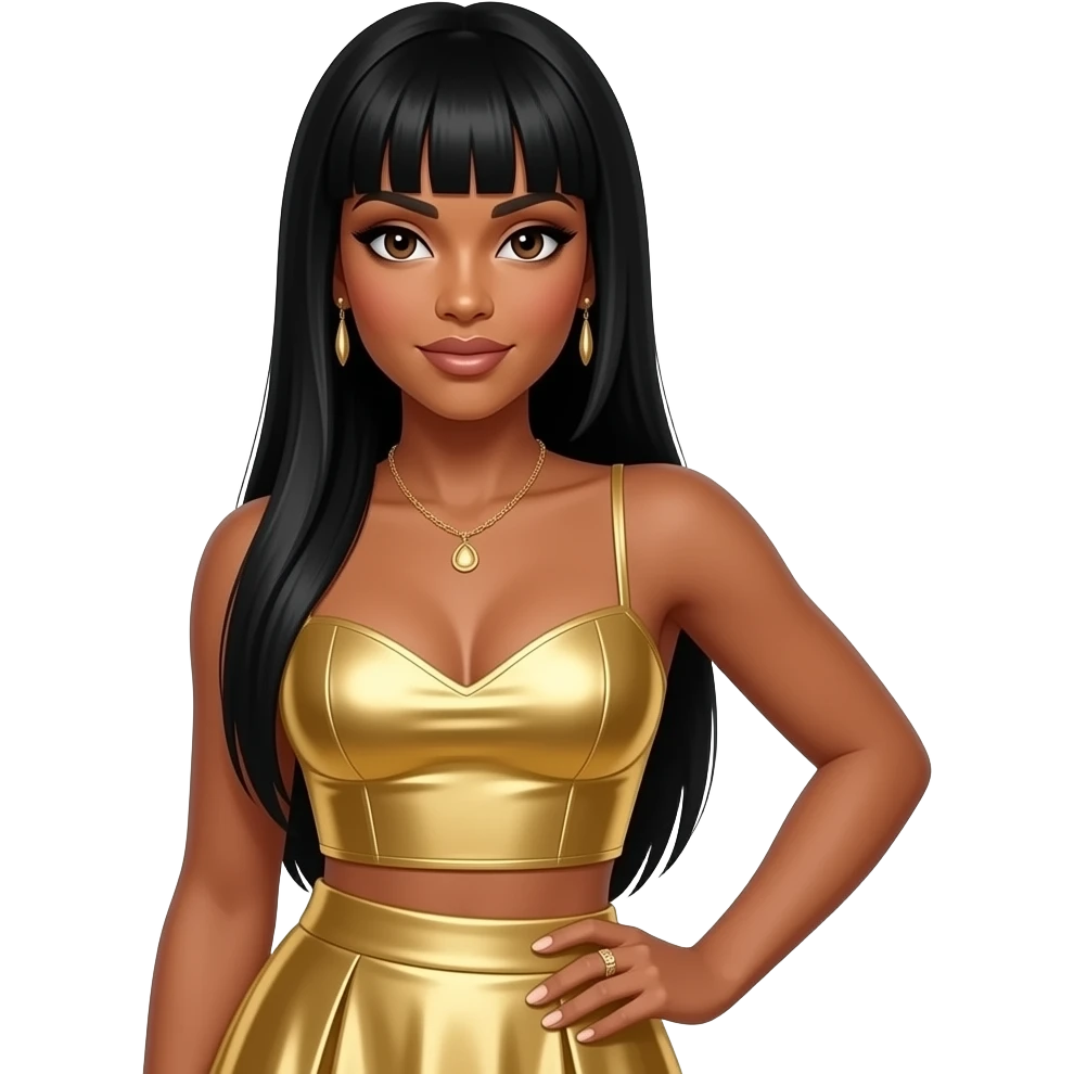 LeToya Luckett from Destiny's Child with brown eyes, long black straight bang hair, gold metallic sweetheart crop top, gold metallic long skirt, necklace and earrings emoji