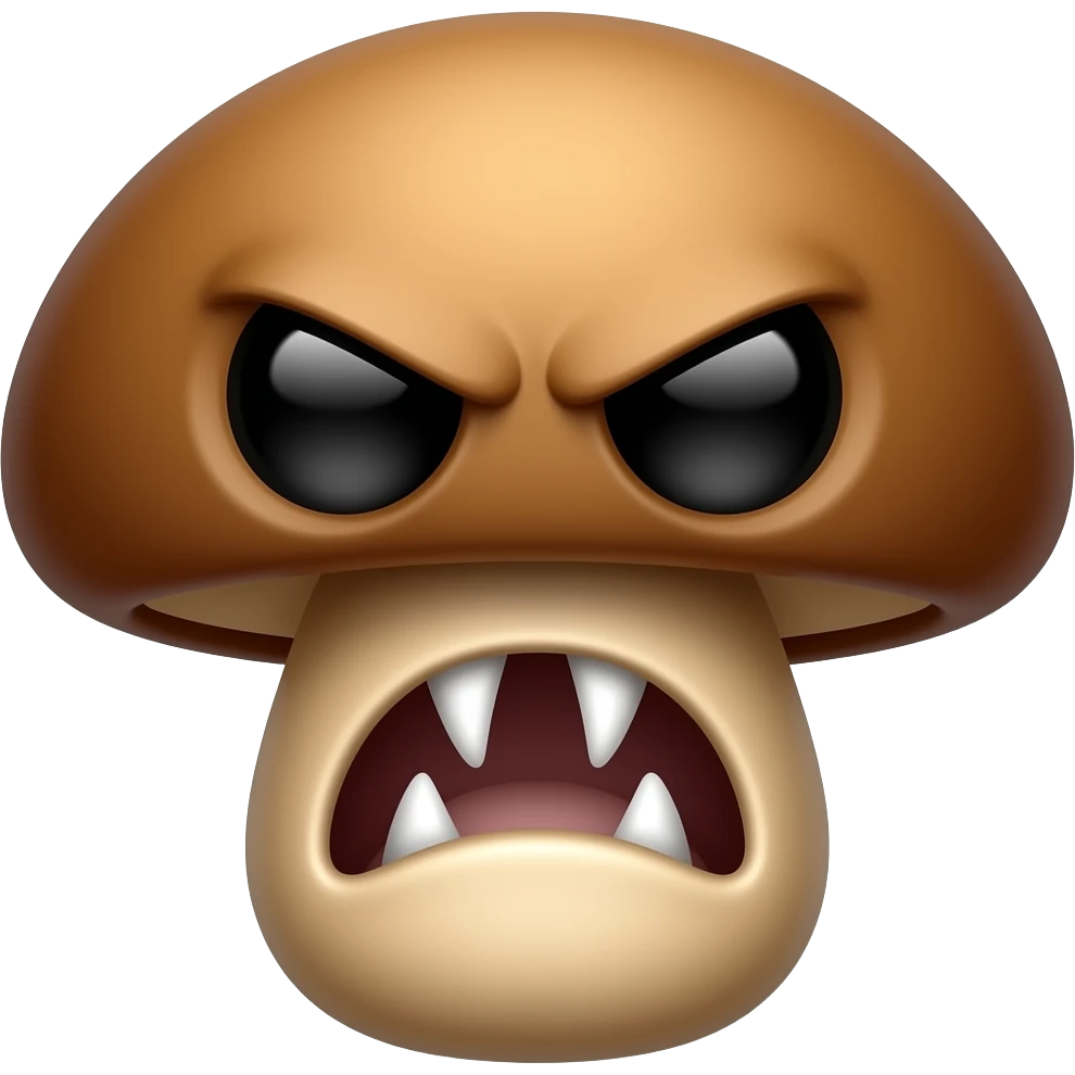 a brown mushroom with big eyes and angry mouth with two pointy teeth emoji