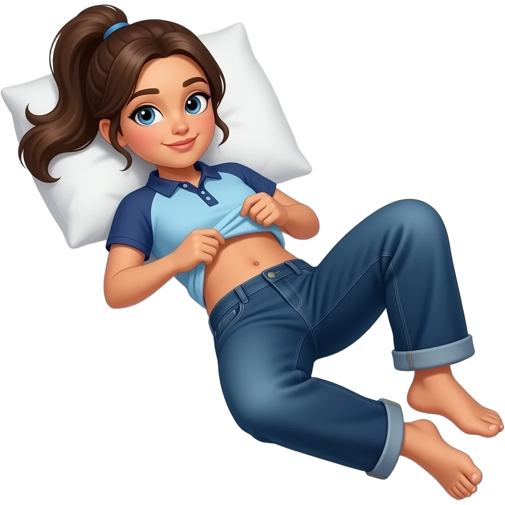 Hispanic girl with brown ponytail and blue eyes light blue and dark blue polo and dark blue baggy jeans and belly button laying down on her pillow on her bed showing her feet lifting her shirt emoji