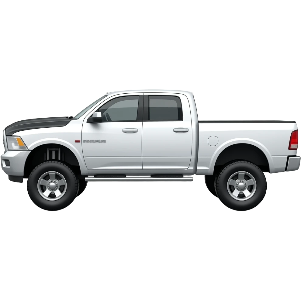 Side view lifted white ram truck black hood emoji