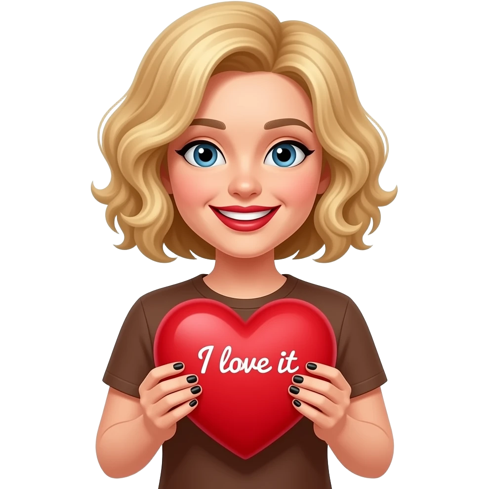 Short blond hair in curly sed swept holding a big red heart  saying I love itin both hands in black polish and dark red lipstick smiling, in a brown t shirt emoji