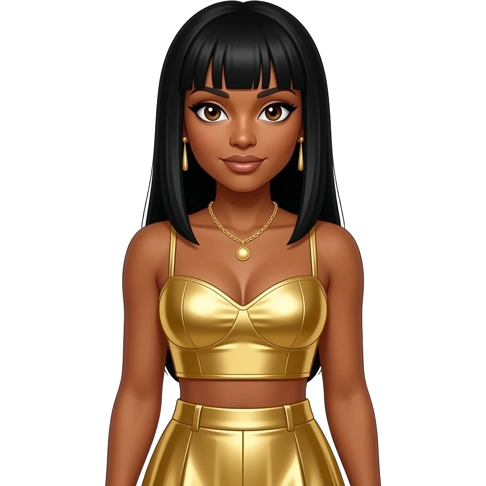 LeToya Luckett from Destiny's Child with brown eyes, long black straight bang hair, gold metallic sweetheart crop top, gold metallic long skirt, necklace and earrings emoji
