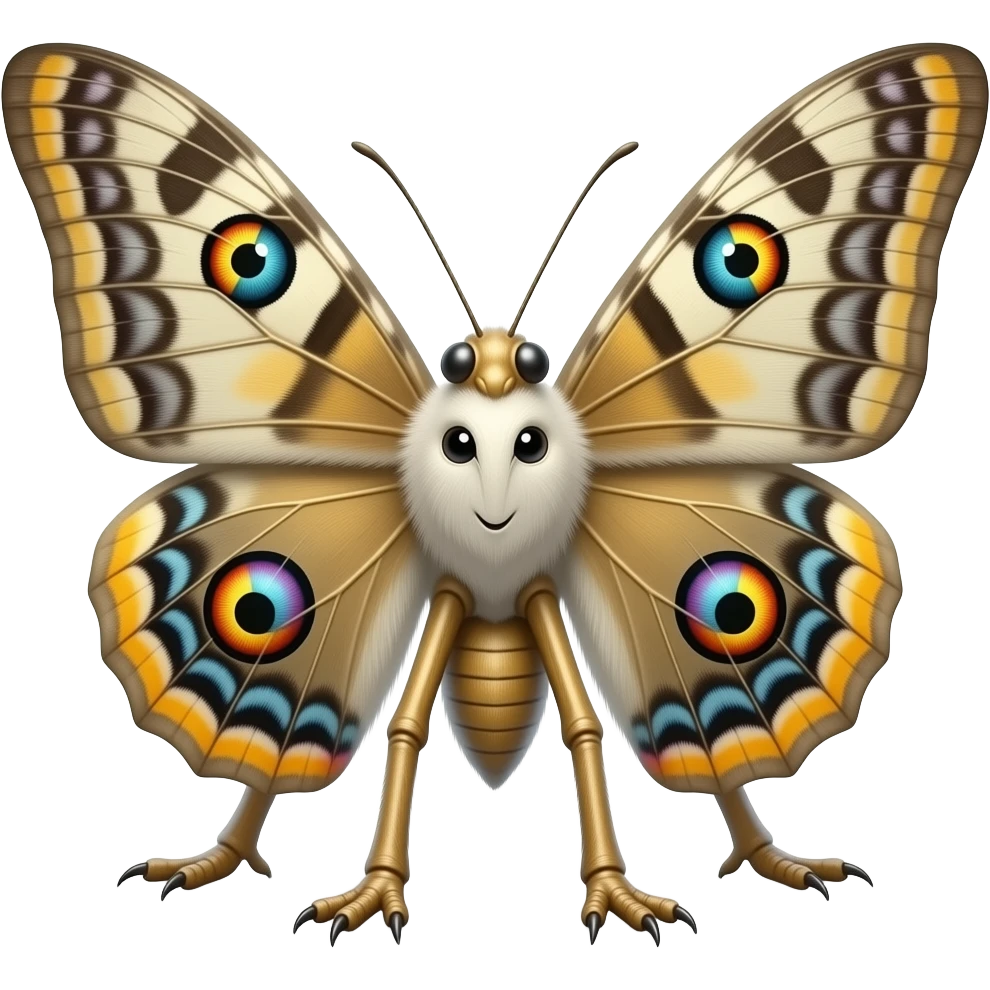 a colossal divine moth-like creature, 6 short claw-like legs close to the body , Massive moth wings with colorful eye patterns, Fuzzy white or golden body, Long antennae, glowing bioluminescence, emoji