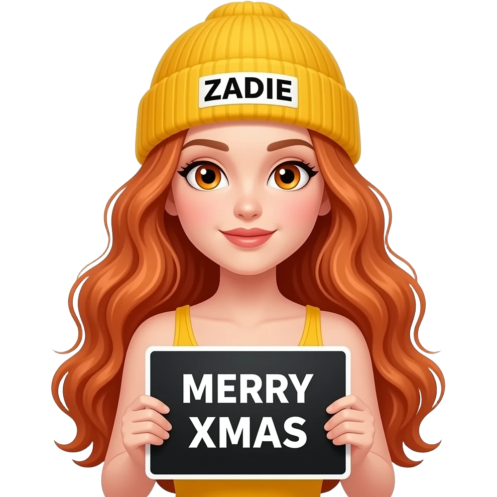 sexy girl with overlong wavy ginger hair and ginger eyes wearing a yellow tanktop and a yellow beanie with ZADIE written on it, is holding a black sign with just MERRY XMAS on it emoji