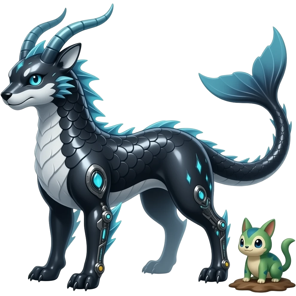 Tough Quadrupedal digitigrade shiny glossy smooth finned frilled gothic tall slim unique epic legendary shiny edgy cool cyberpunk-solarpunk-fantasy-Absol-Sprigatito-Vaporeon-Furret-Manectric-Mudkip-Fakémon-hybrid with an orca tail emoji