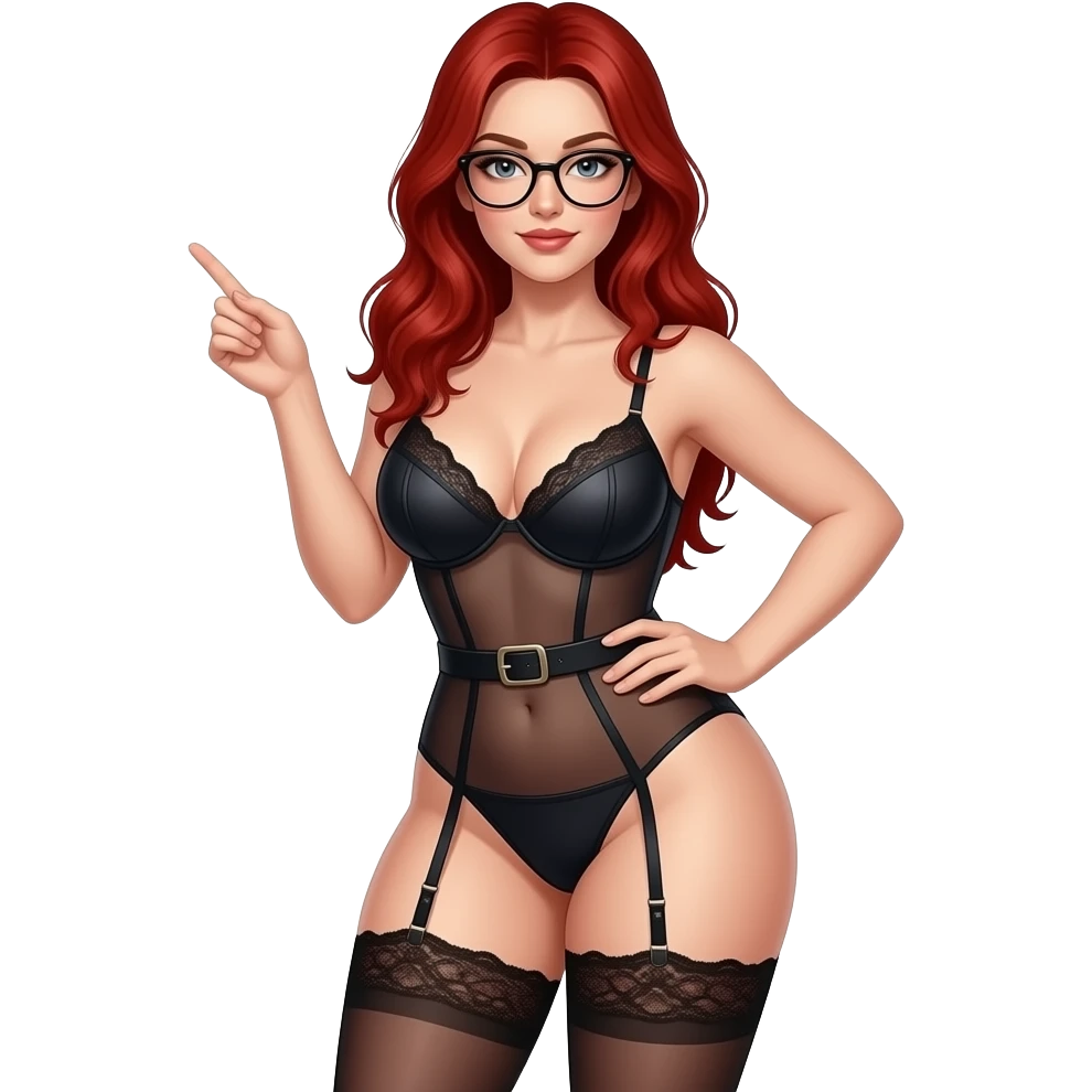 Tan, nude or in sexy librarian lingerie, red hair, glasses, with big booty, big ass, PAWG, has a perfect body shape and figure, with a naughty seductive librarian look, emoji