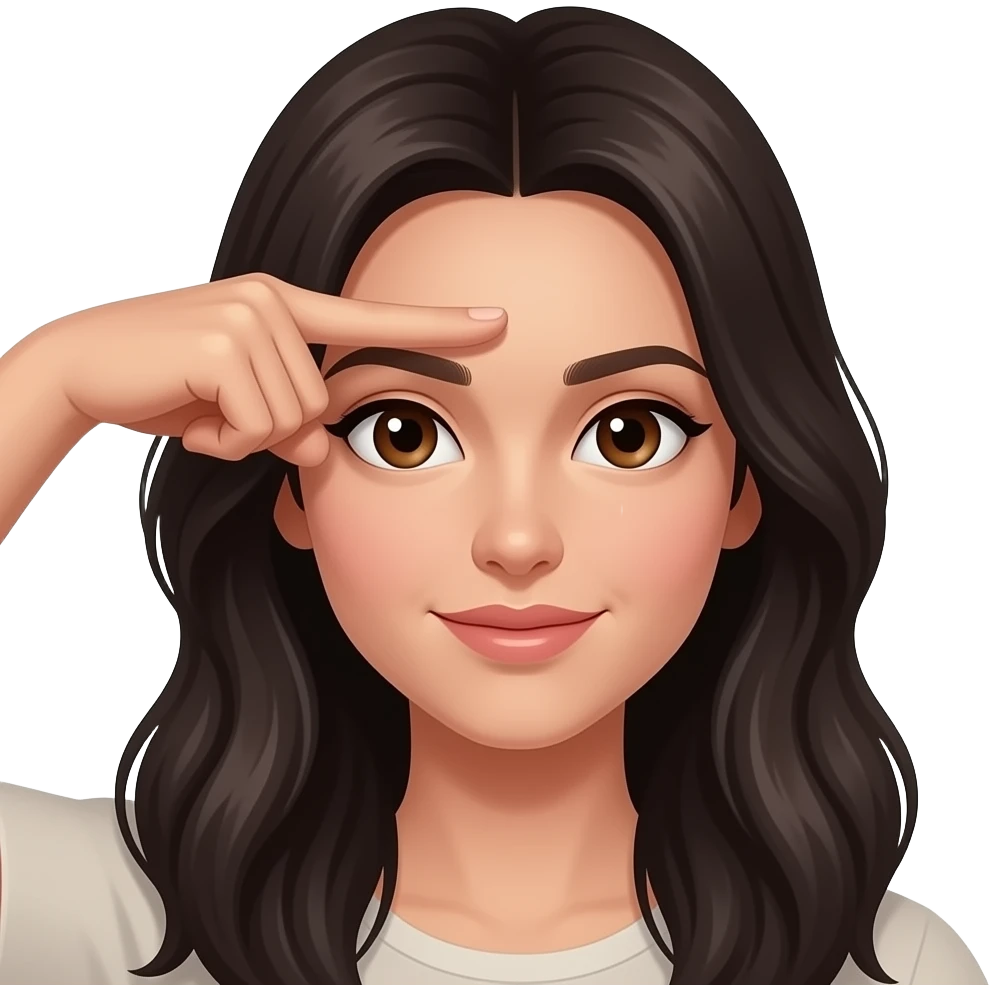 Woman with dark long hair brown eyes making L fingers on forehead emoji