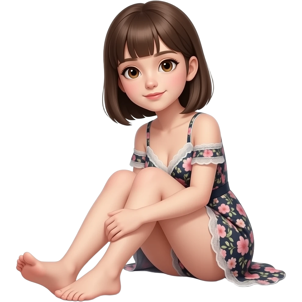 21 yr girl with white skin, brown eyes brown striaght hair, no bangs, sitting down, sexy oufit, sexy pose showing toes and bottom of foot emoji