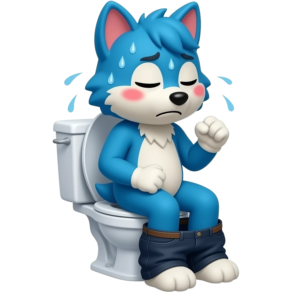 blue fursuit sitting on toilet, pants down, side view , both fists , uncomfortable, squeezing, straining, sweating, red cheeks, eyes closed emoji
