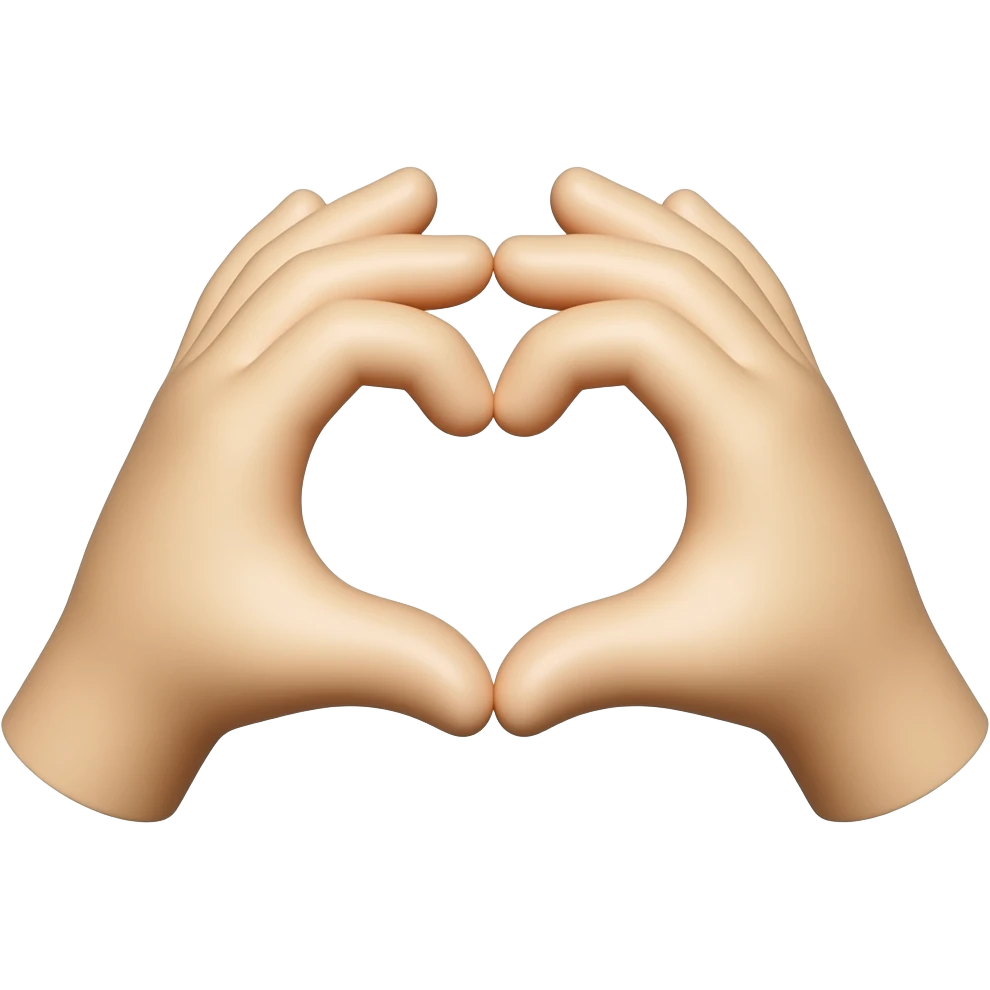 OS-like 3D hand-heart emoji icon, two hands forming a small heart shape with the fingers and thumbs, soft rounded glossy texture, natural skin tone, smooth gradient shading, clean white background, centered composition, cute minimal icon style. emoji