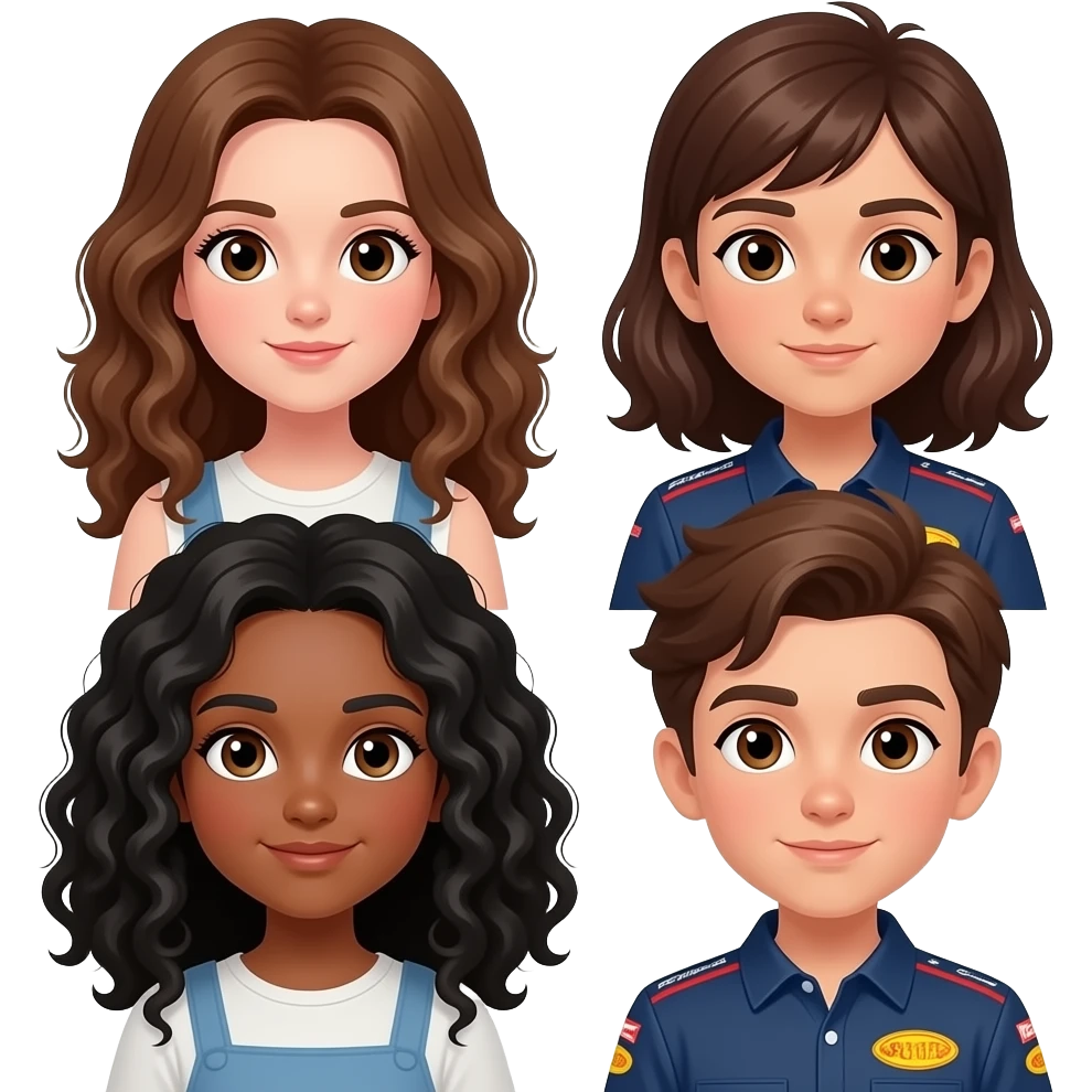 Creame una imagen donde se véan a una chica con el pelo largo rizado marron con los ojos marro es, otra chica con el pelo rizado negro con ojos marrones, dos chico con el pelo marrón y ojos marrones viendo la Fórmula 1 emoji