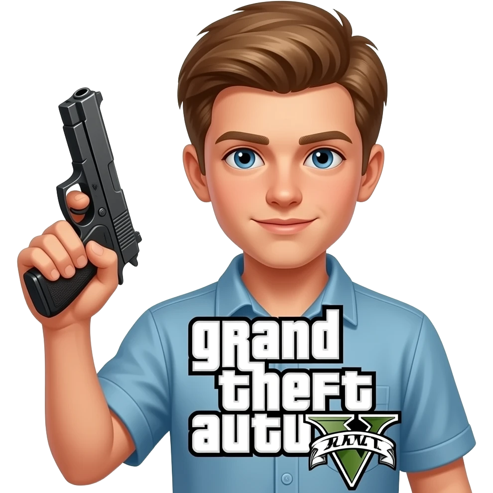 A white boy that has Light brown hair that has a gun in his hand that has A grand theft auto V sign in front emoji