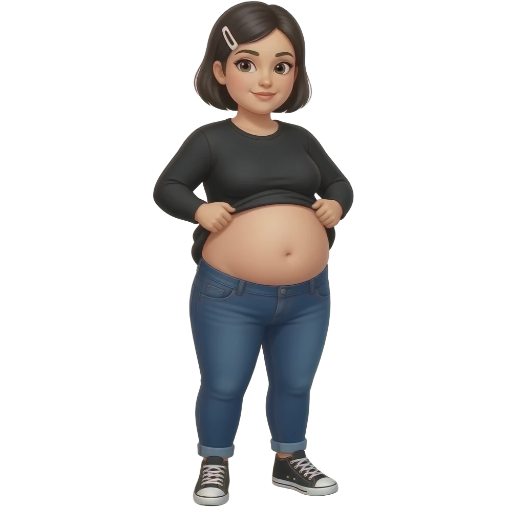 White woman with black short hair, white hair clip on the left of her hair, plain black long sleeve shirt, dark blue jeans, white and black sneakers, and a chubby body lifting her shirt to show her chubby belly emoji