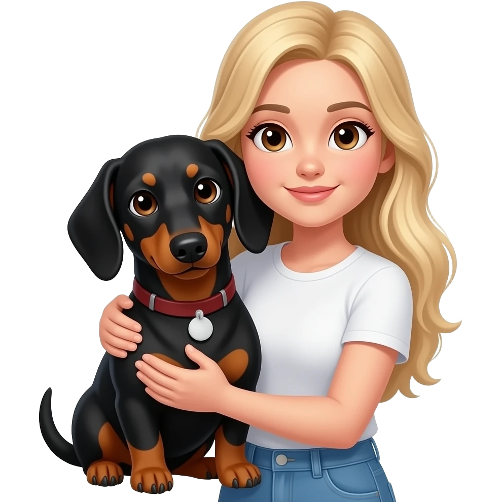 mujer de 20 años rubia, de piel normal a blanca con ojos cafes abrazando a su perrito salchicha negro que tiene una manchita blanca eñ su pecho emoji