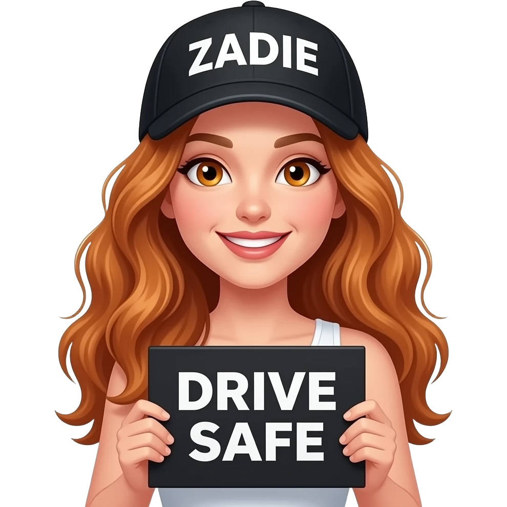 sexy girl with overlong wavy ginger hair and ginger eyes wearing a white tanktop and a black cap with ZADIE written on it is holding a black sign with DRIVE SAFE written on it emoji