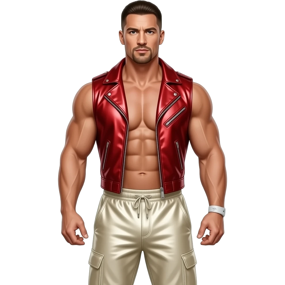 John Cena from behind with crimson metallic vest, ivory metallic baggy joggers, shirtless emoji