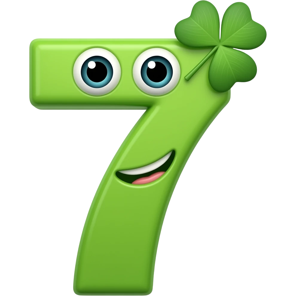 A lime green number 7 with 2 clovers on its head with eyes and a mouth that's smiling emoji