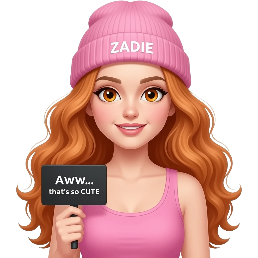 sexy girl with overlong wavy ginger hair and ginger eyes wearing a pink tanktop and a pink beanie with ZADIE written on it, is holding a black sign with AWW... that's so CUTE written on it emoji