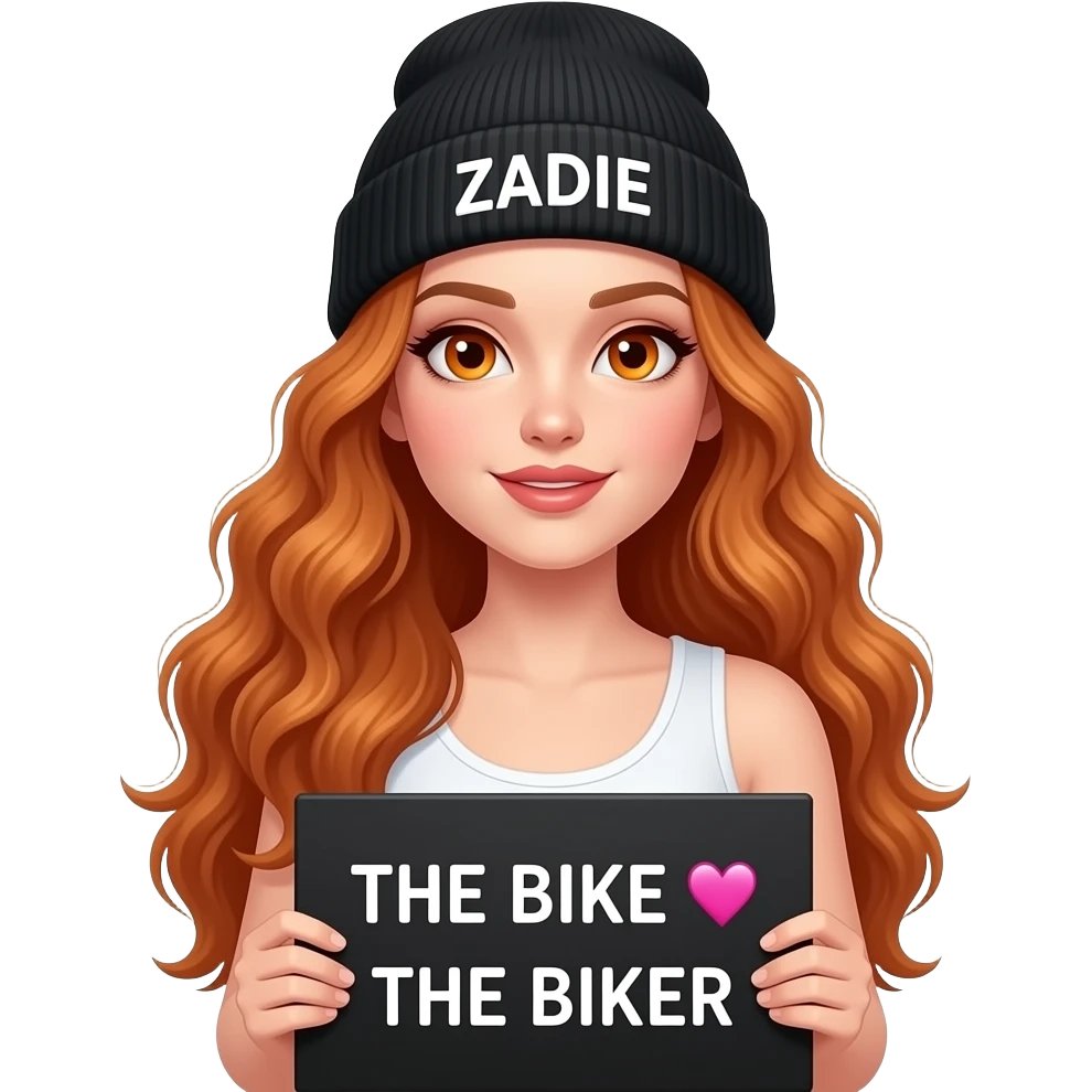 sexy girl with overlong wavy ginger hair and ginger eyes wearing a white tanktop and a black beanie with ZADIE written on it, is holding a black sign with THE BIKE 💗 THE BIKER written on it emoji