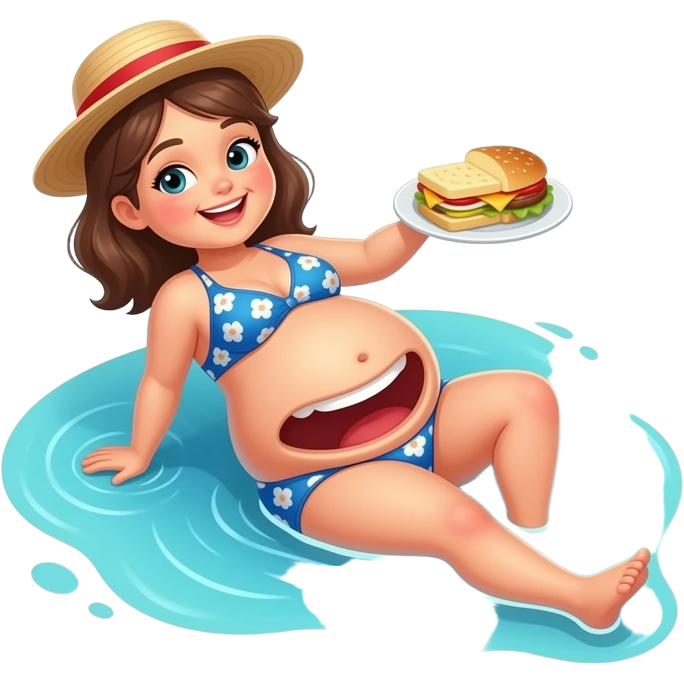 A girl enjoys beach holiday in her swimmers,but she is so full from a lunch break that she is about to burst,Then her fat Tummy rolls & drops out,she will just lay on her back in the shallow cool water,her gluttonous belly promotes a good resort business. emoji
