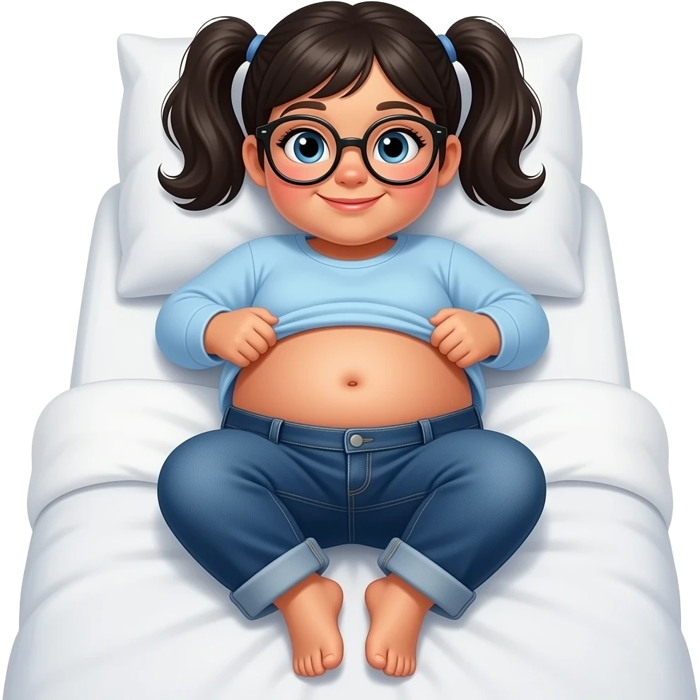 Obese Hispanic little girl with black pigtails and blue eyes rounded black glasses plain light blue long sleeve shirt and dark blue baggy jeans and belly button laying down on her pillow on her bed showing her feet lifting her shirt all the way up with fat belly button emoji