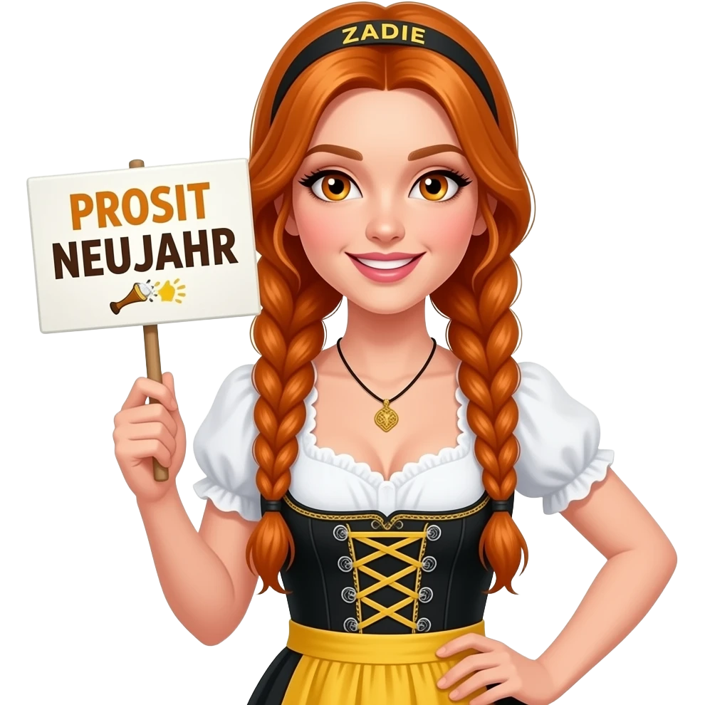 sexy girl with overlong ginger braids and ginger eyes wearing a black yellowdirndl and a headband with ZADIE written on it, is holding a sign with PROSIT NEUJAHR 🥂 written on it emoji