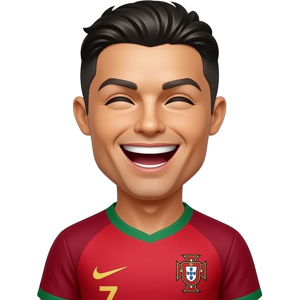 Cute man Cristiano Ronaldo, Portugal jersey, laughing happily, glossy 3D emoji sticker, white outline, transparent background, ultra detailed. emoji