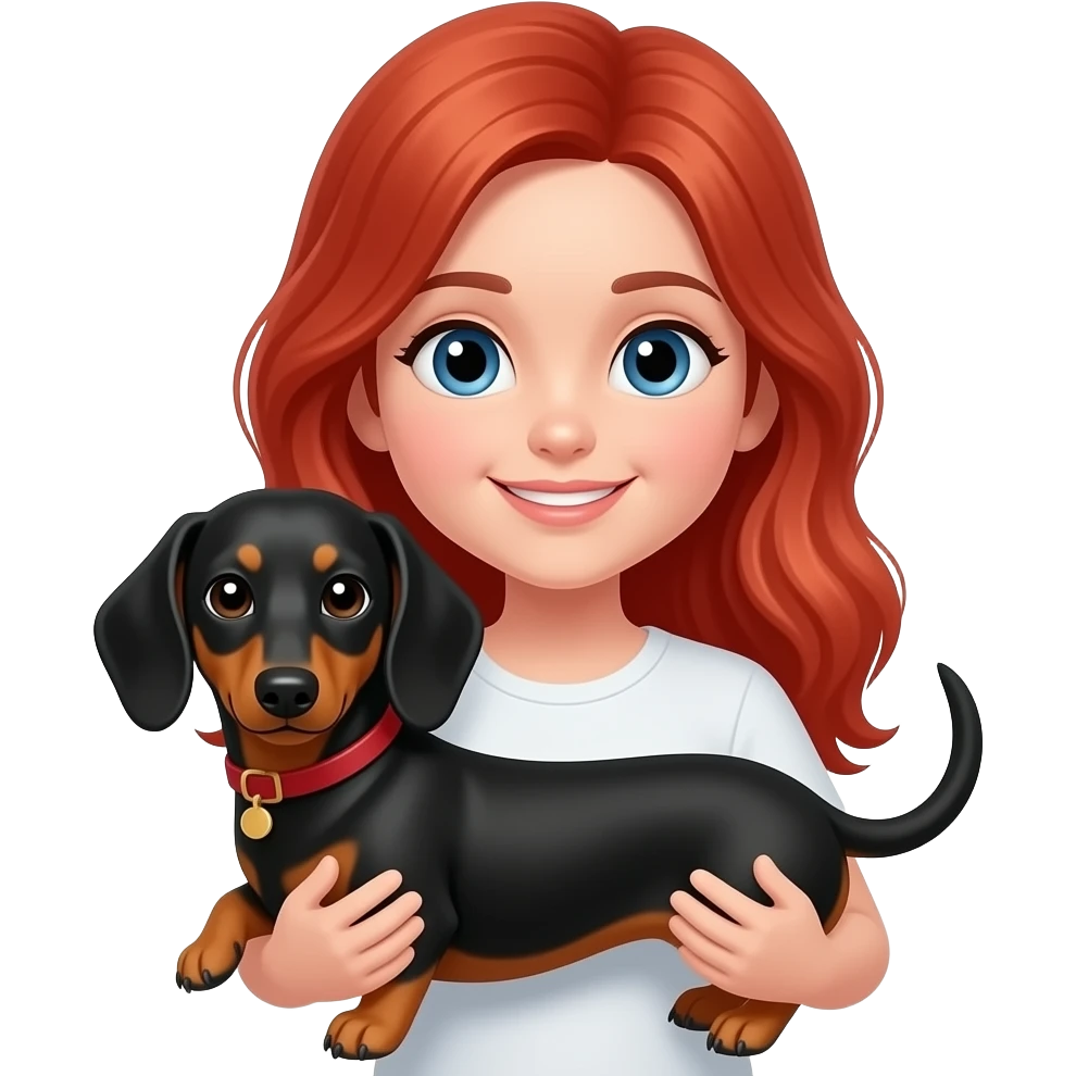 Quiero un emoji de una niña de pelo risado con un perro salchicha en brazos emoji