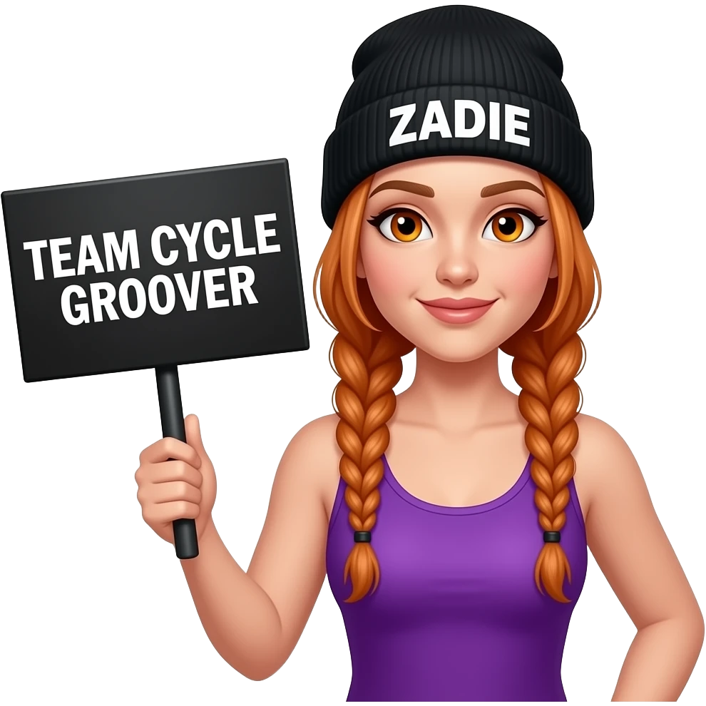 sexy girl with overlong ginger braids and ginger eyes wearing a purple tanktop and a black beanie with ZADIE written on it, is holding a black sign with TEAM CYCLE GROOVER written on it emoji