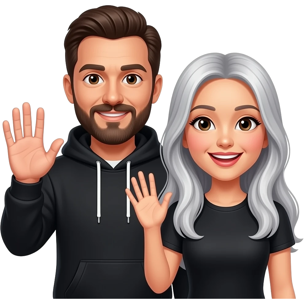 A bearded celebrity man in a black hoodie and Asian celebrity woman with long silver hair looking happy and waving emoji