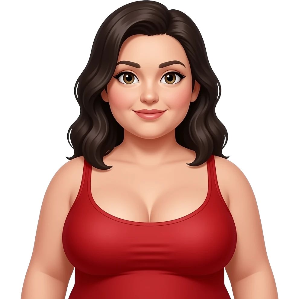 Heavyset dark haired woman with large breasts covered by revealing tight red top emoji
