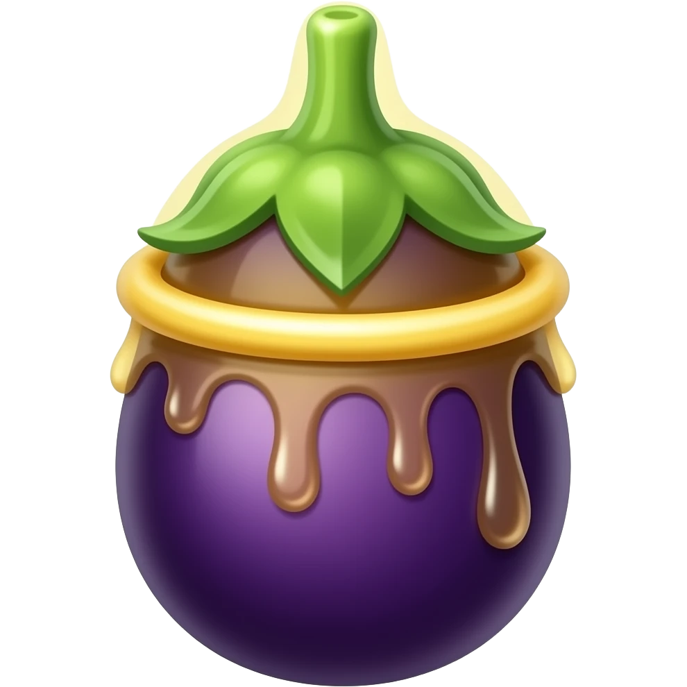 Über die Kuppel einer Aubergine ist ein Kondom drüber gezogen, es ist glänzend und tropft an der spitze emoji