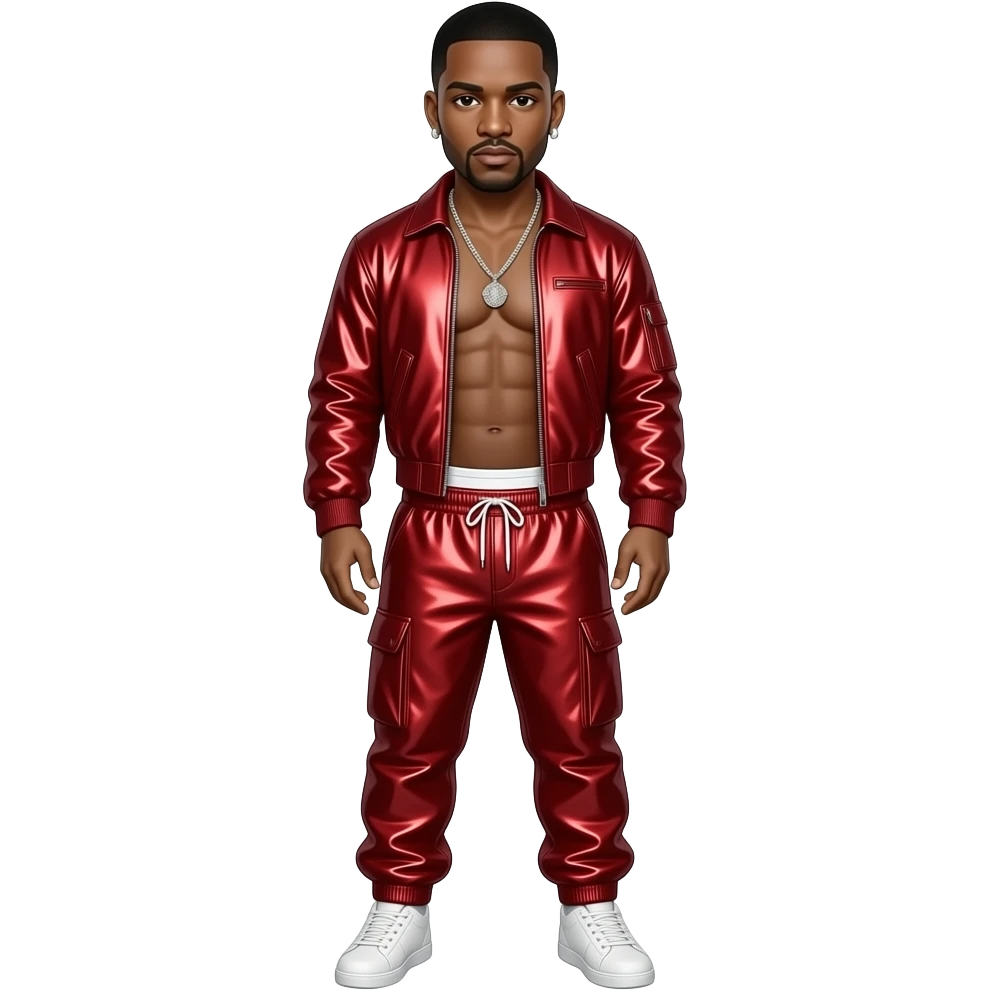 Ginuwine from behind with crimson metallic jacket, crimson metallic baggy joggers with white undies, shirtless with necklace and earrings emoji