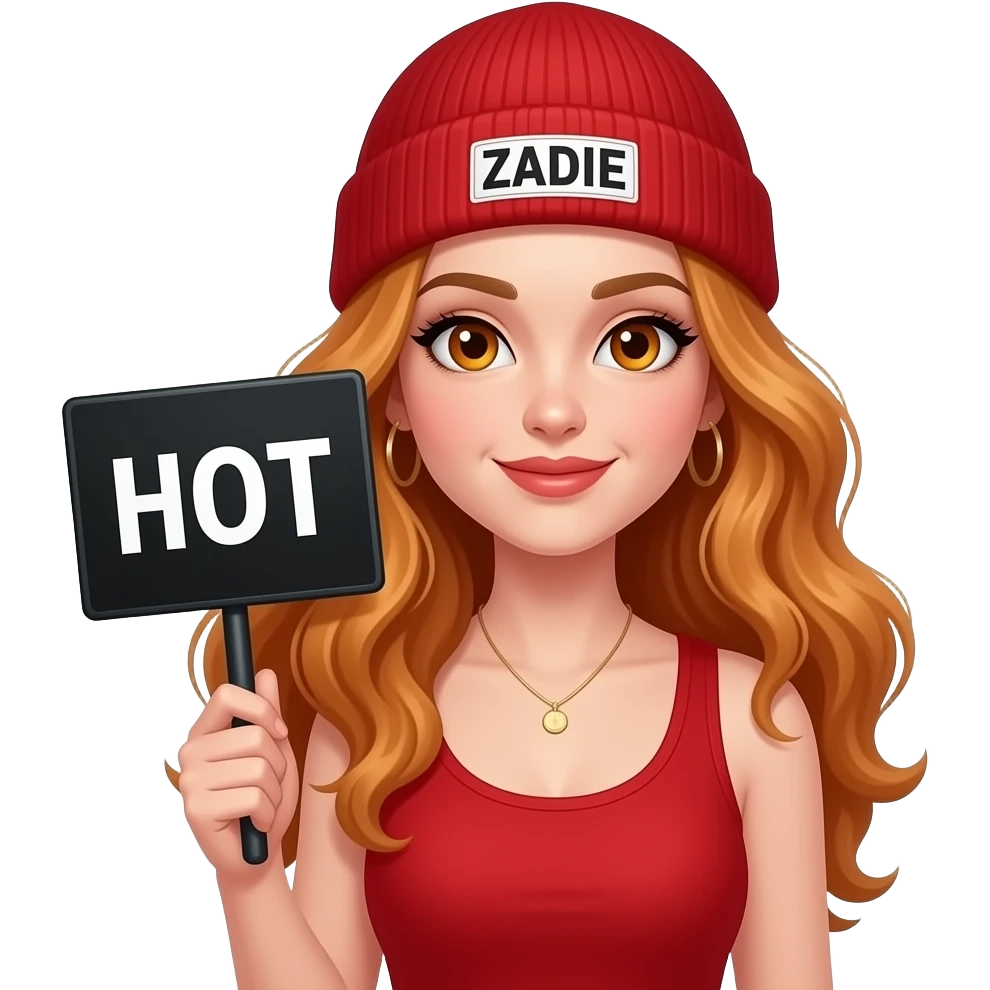 sexy girl with overlong wavy ginger hair and ginger eyes wearing a red tanktop and a red beanie with ZADIE written on it, is holding a black sign with HOT written on it emoji