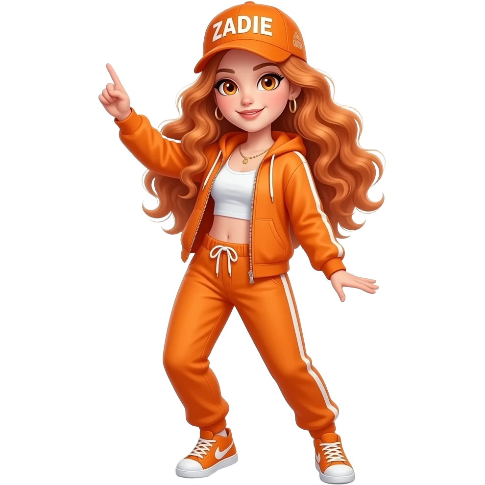 sexy girl with long wavy ginger hair and ginger eyes is wearing a orange hip hop outfit and a cap with ZADIE written on it, is dancing, the full body is to seen emoji