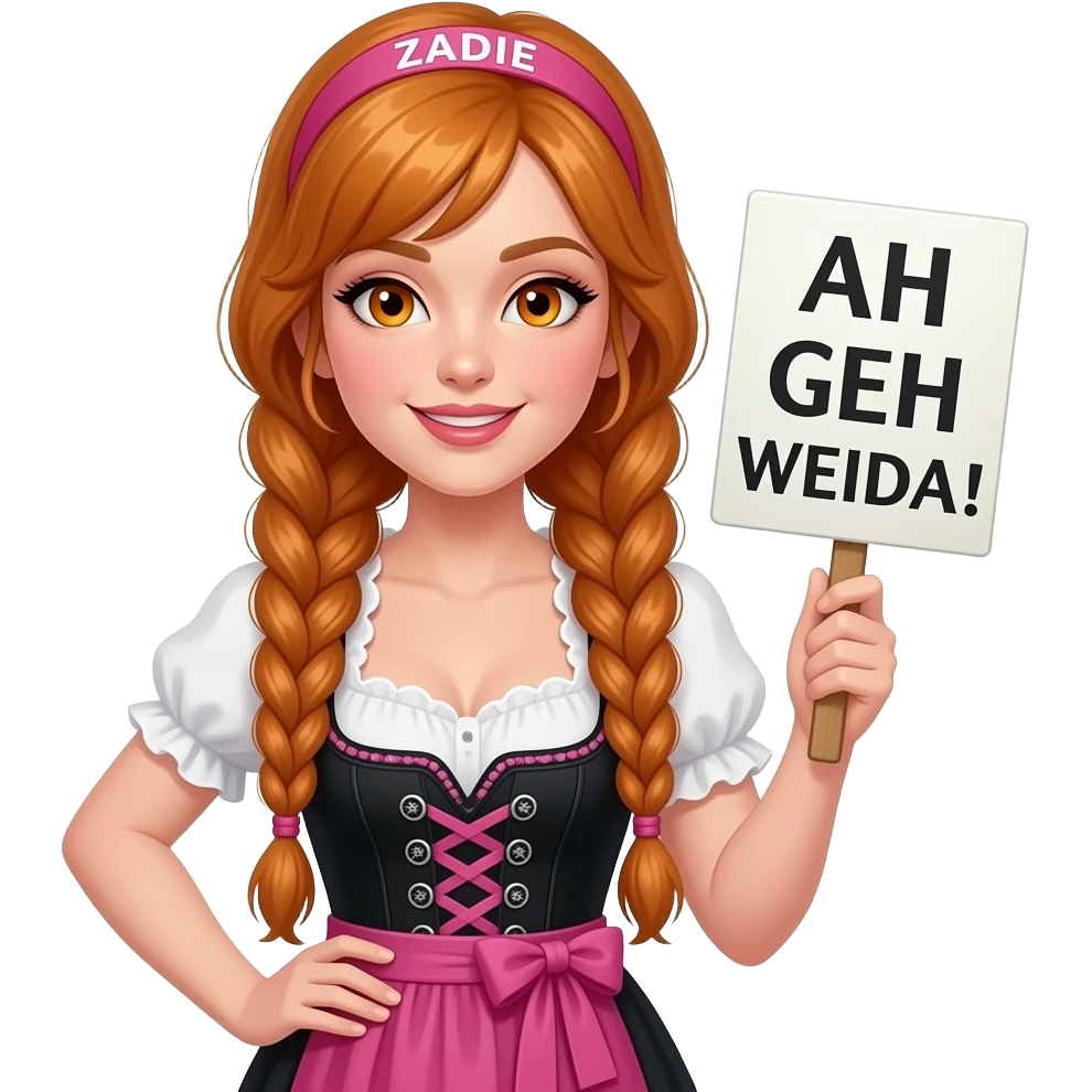 sexy girl with overlong ginger braids and ginger eyes wearing a black pink dirndl and a pink headband with ZADIE written on it, is holding a sign with AH GEH WEIDA! written on it emoji