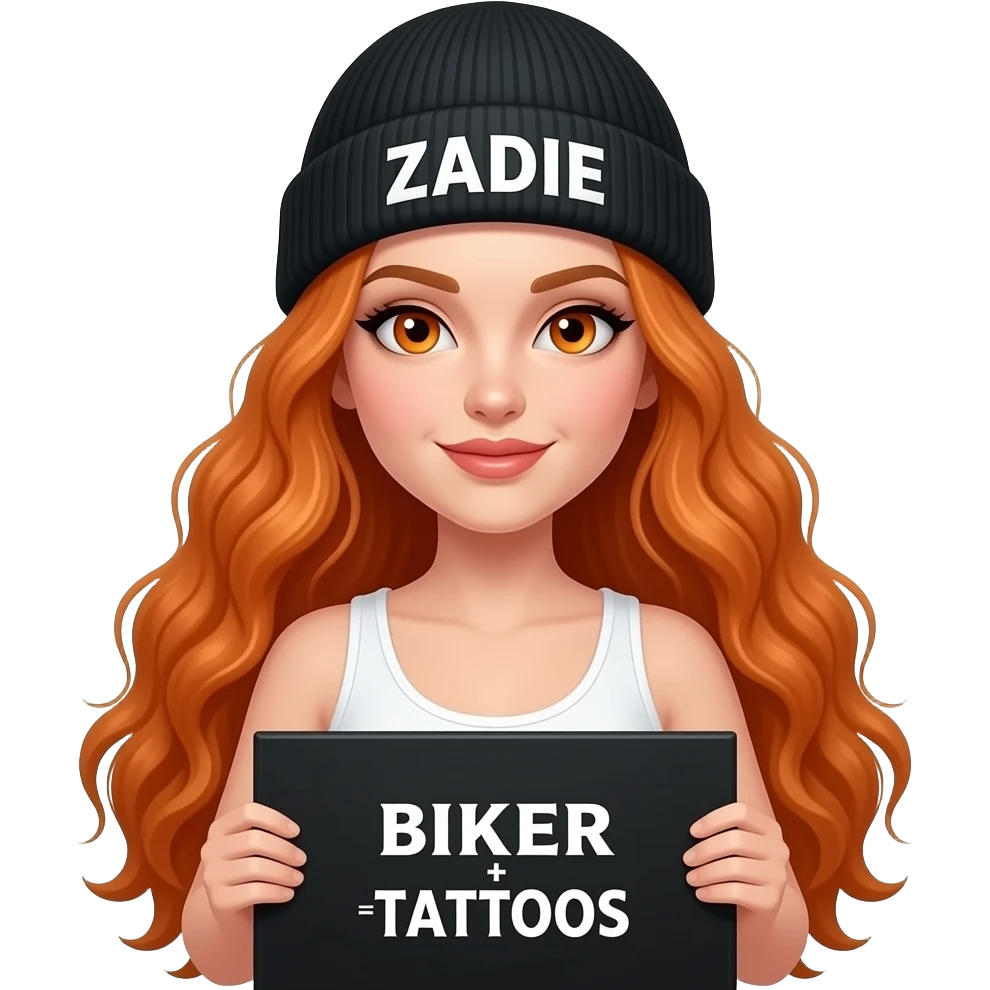 sexy girl with overlong wavy ginger hair and ginger eyes wearing a white tanktop and a black beanie with ZADIE written on it, is holding a black sign with BIKER + TATTOOS = HOT written on it emoji