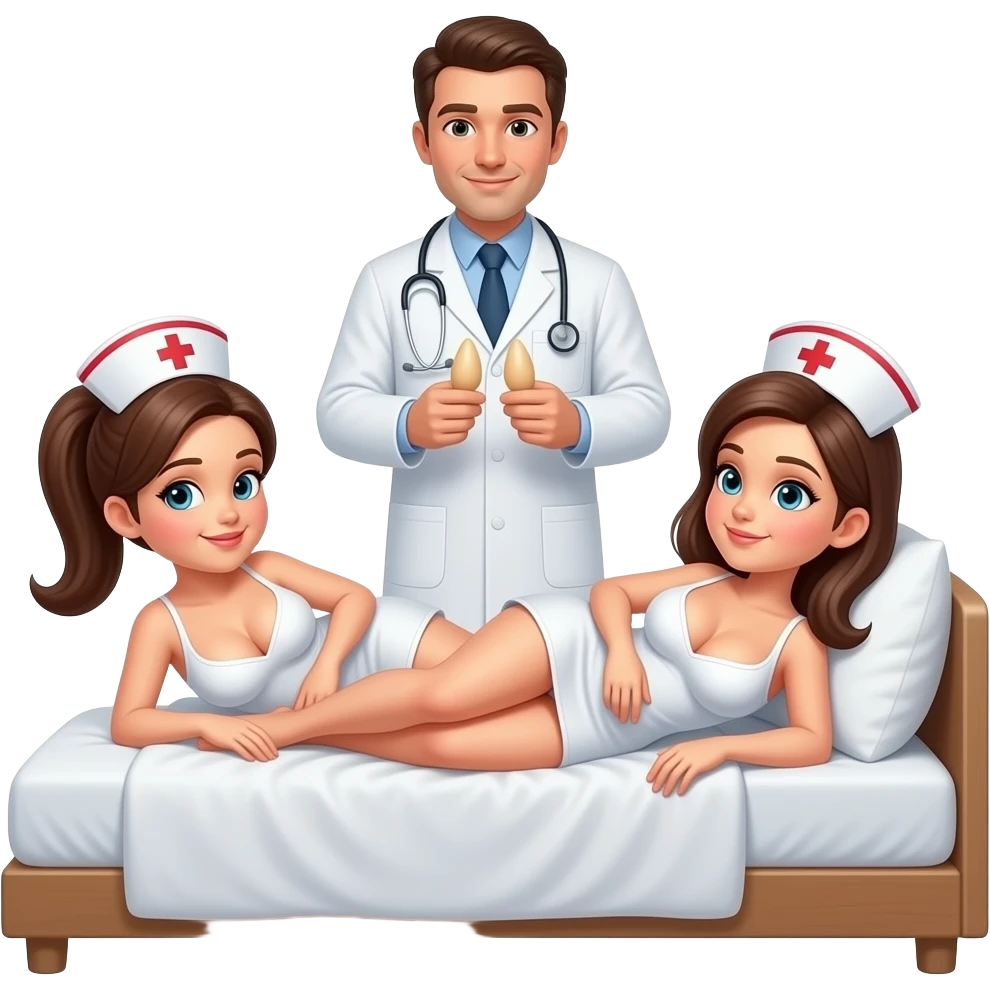 2 big breasted completely naked nurses, one with a ponytail, laying doggy style on a bed, a male doctor standing behind them with a dildo emoji