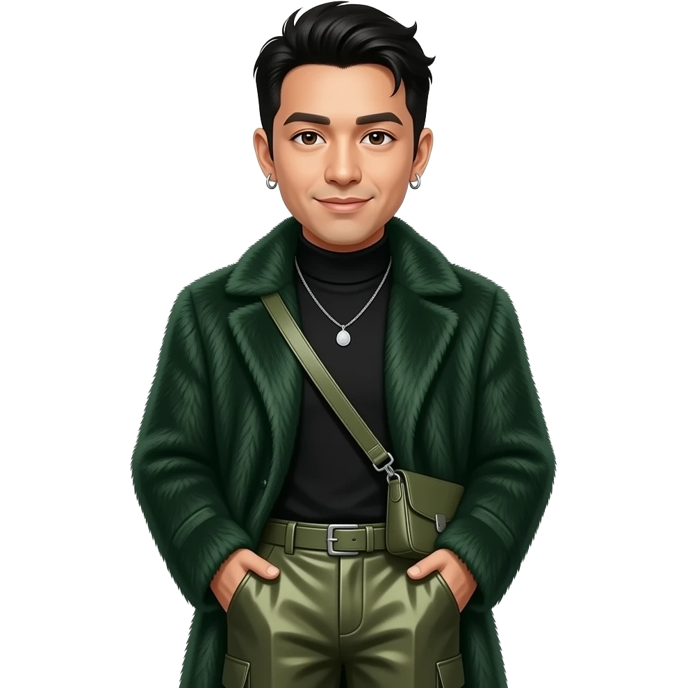Mike Shinoda with dark brown eyes, black hair, black turtleneck shirt, dark green fur coat, olive metallic baggy pants, necklace and earrings emoji