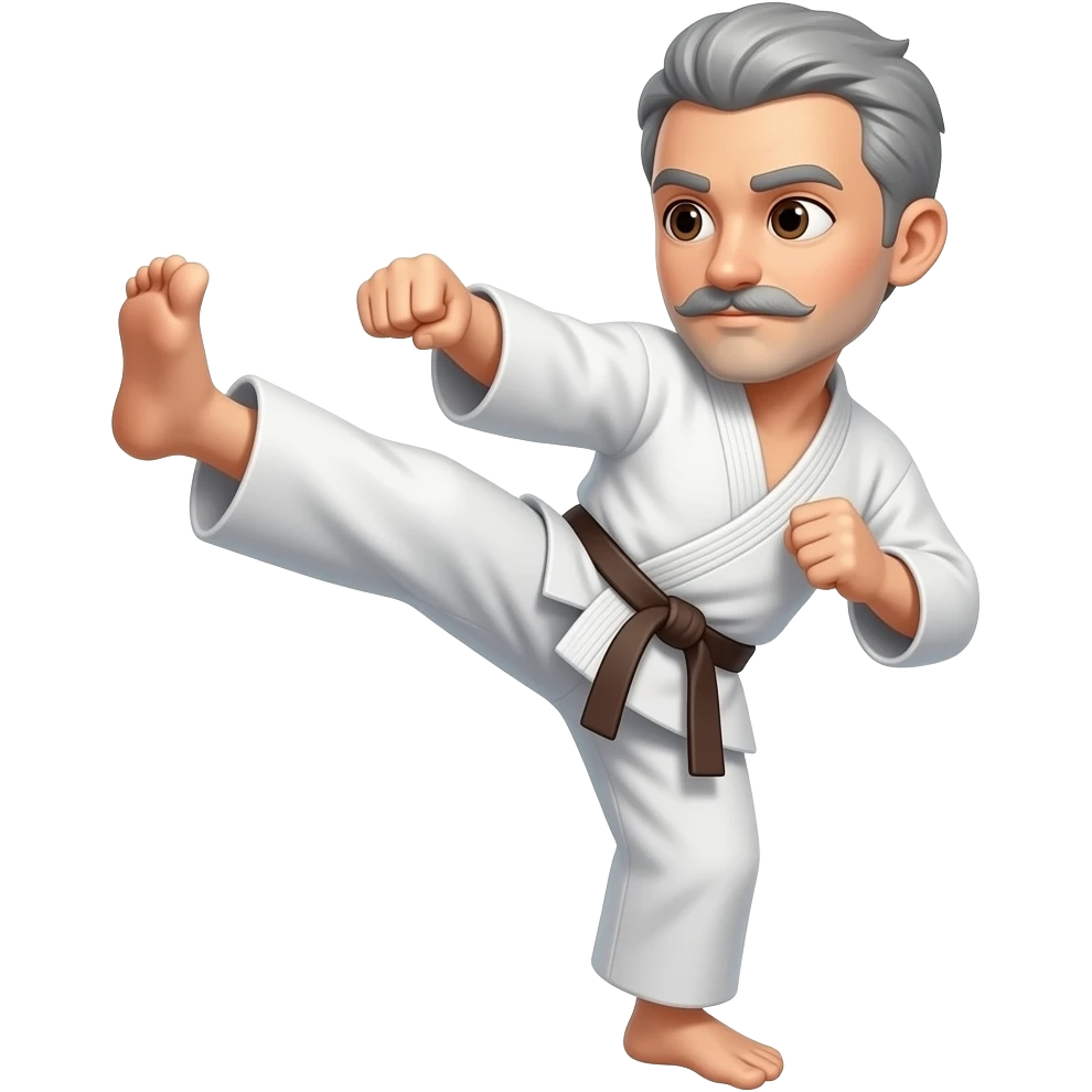 No BEARD,  short hair cut gray  with a mustache doing a karate kick and brown eyes and Brown Belt emoji