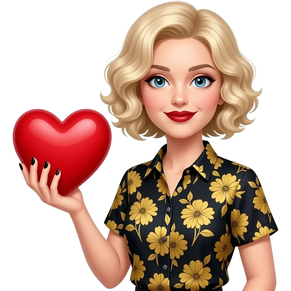 Short blond hair in curls holding a big red heart in with black nail polish and dark red lipstick, in a black and gold floral short sleeve shirt emoji