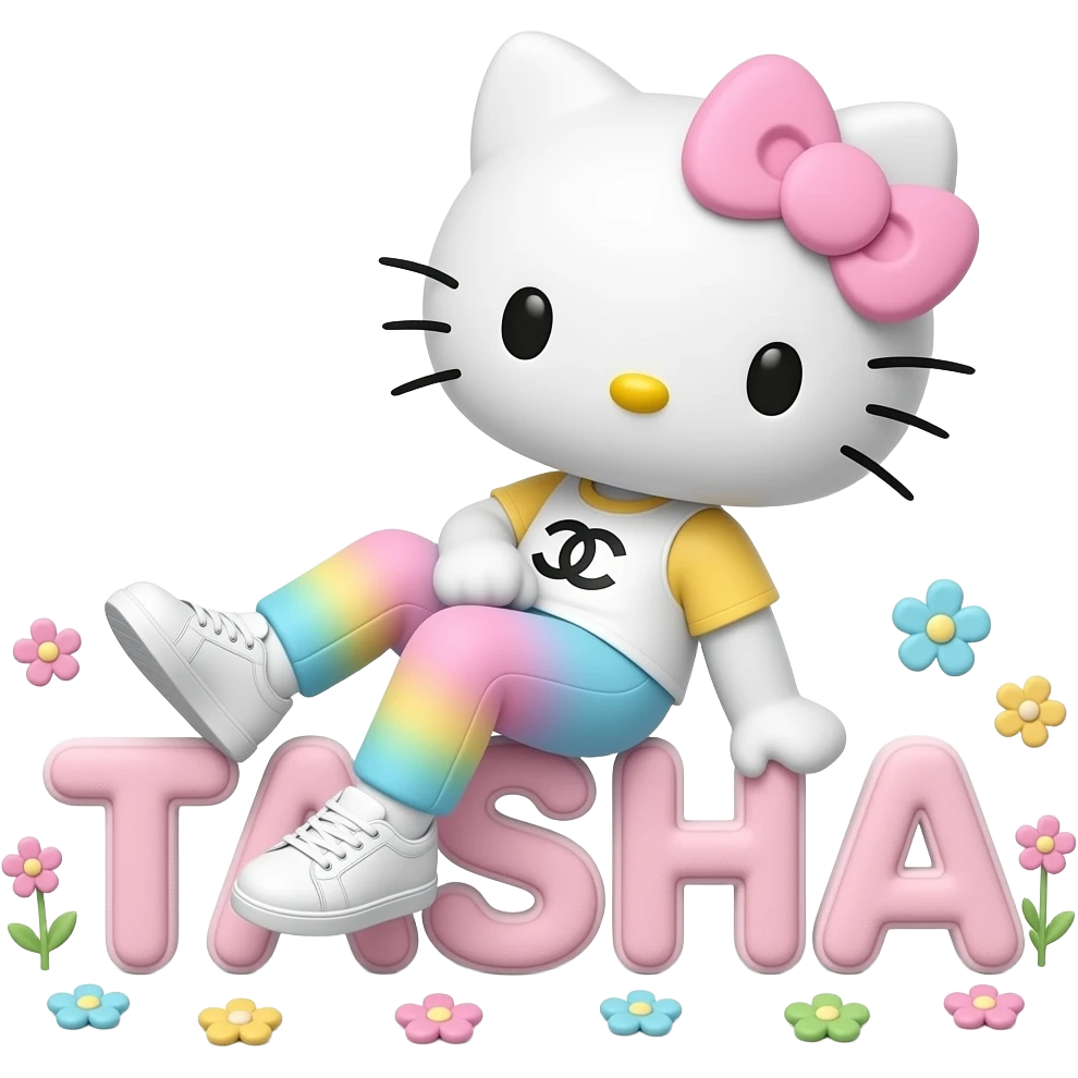 4D Velvety fur hello kitty wearing ombre white and blue and pink yellow ombre pastel colored leggings and sneakers, and with the Chanel symbol on her ombre pastel bow sitting sideways leaning back on top of the velvety 3D outlined letters TASHA surrounded with tiny ombre pastel flowers made of candy emoji