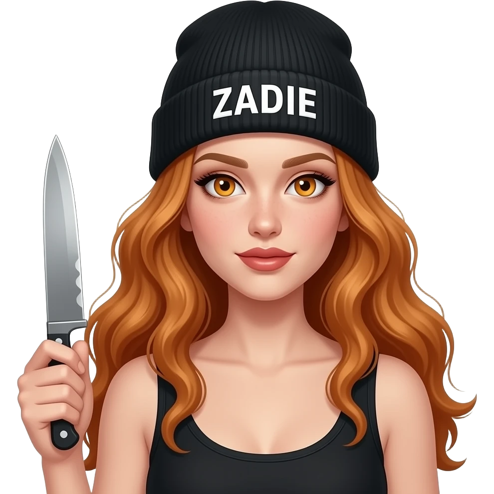 sexy girl with overlong wavy ginger hair and ginger eyes wearing a black tanktop and a black beanie with ZADIE written on it, is holding a knife emoji
