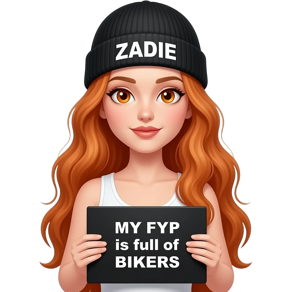 sexy girl with overlong wavy ginger hair and ginger eyes wearing a white tanktop and a black beanie with ZADIE written on it, is holding a black sign with MY FYP is full of BIKERS written on it emoji