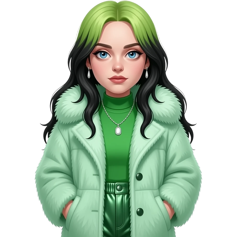 Billie Eilish with blue eyes, long light green and black hair, mint green fur coat, green turtleneck shirt, green metallic baggy pants, necklace and earrings emoji