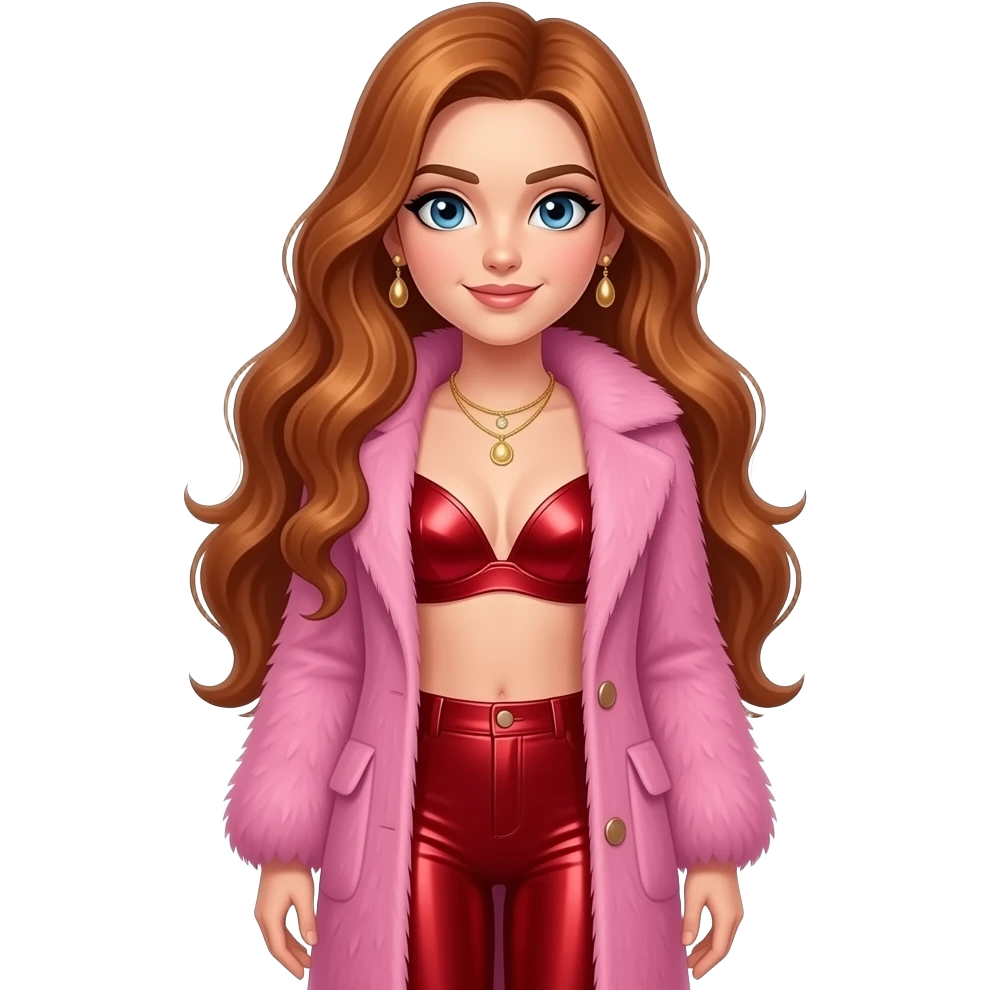 Chappell Roan with blue eyes, long auburn hair, pink fur coat, crimson metallic bra, crimson metallic leggings, necklace and earrings emoji
