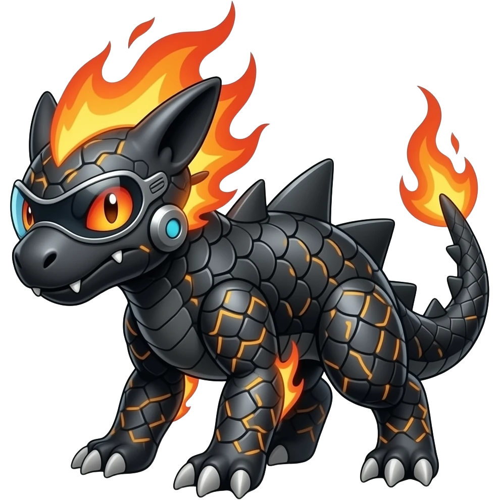 Cool edgy fiery electrical scaly cybernetic cyclop-visor-eyes, Circuitry-patterned black-scaled digitigrade futuristic fantasy-Cyberpunk-Steampunk-Solarpunk-Sharpedo-Garchomp-Genesect-Cyclizar-Salandit-Protogen-Fakémon-hybrid, tail blade, back spikes emoji