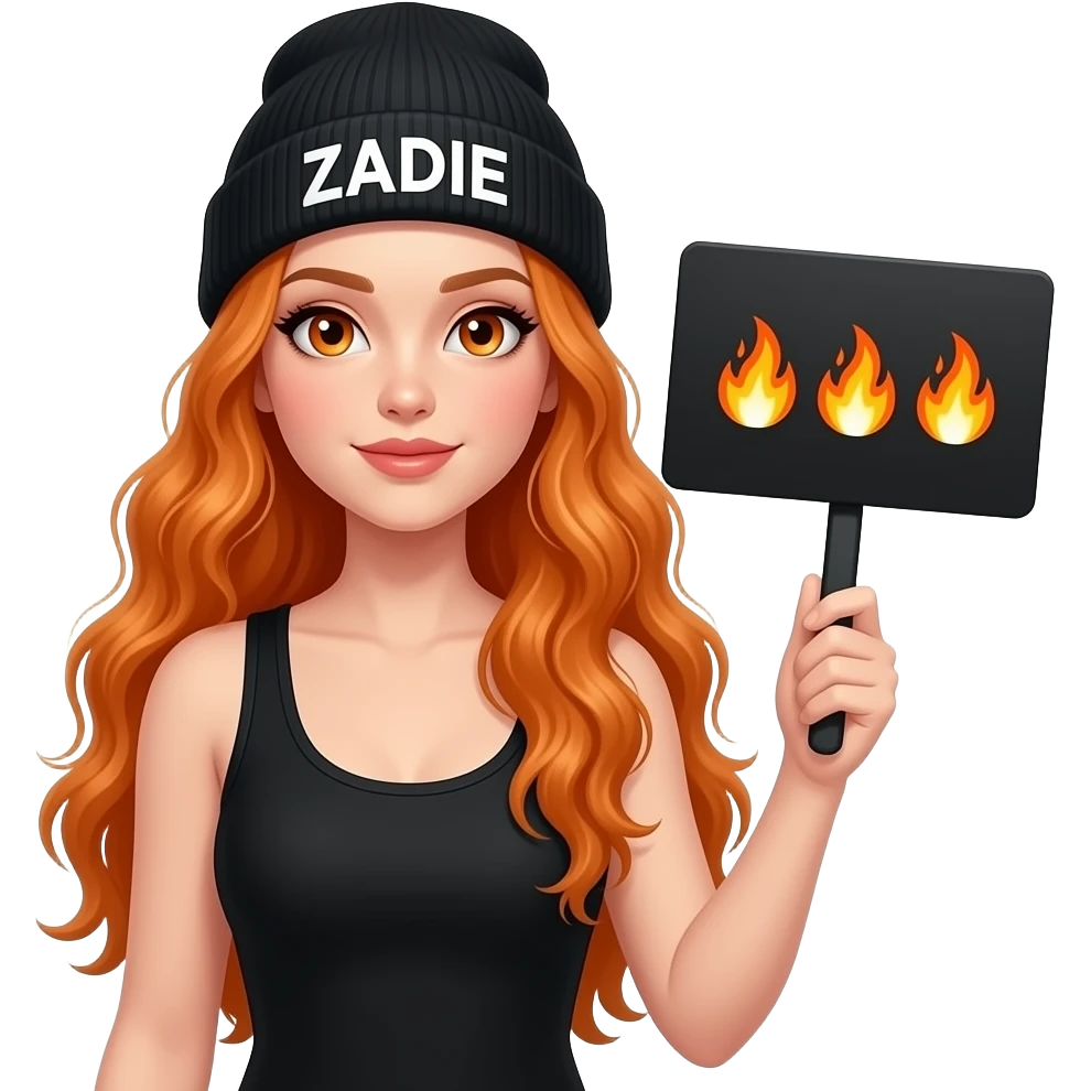 sexy girl with overlong wavy ginger hair and ginger eyes wearing a black tanktop and a black beanie with ZADIE written on it, is holding a black sign with 🔥🔥🔥 on it emoji