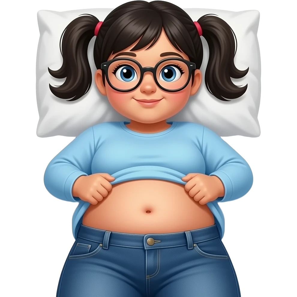 Obese Hispanic little girl with black pigtails and blue eyes rounded black glasses plain light blue long sleeve shirt and dark blue baggy jeans and belly button laying down on her pillow on her bed showing her feet lifting her shirt all the way up with fat belly button grabbing her belly emoji